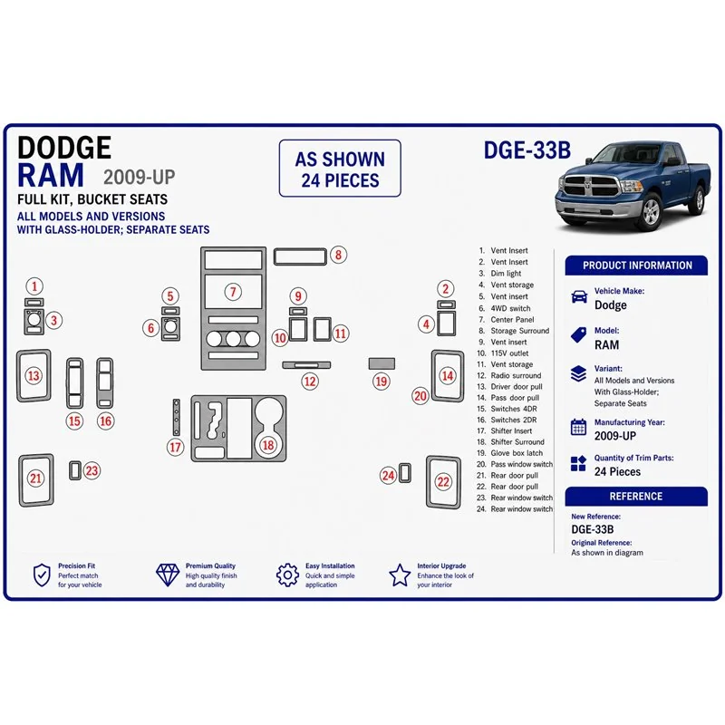 Dodge Ram 2009+ avec porte-gobelet, sièges séparés kit décor tableau de bord 3D