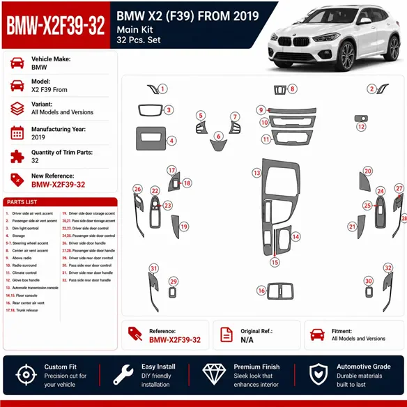 BMW X2 F39 From 2019 3D kit décoration intérieure tableau de bord 32 pièces