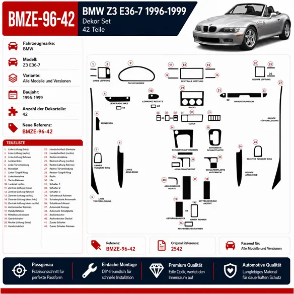 BMW Z3 E36-7 1996-1999 3D kit décoration intérieure tableau de bord 42 pièces