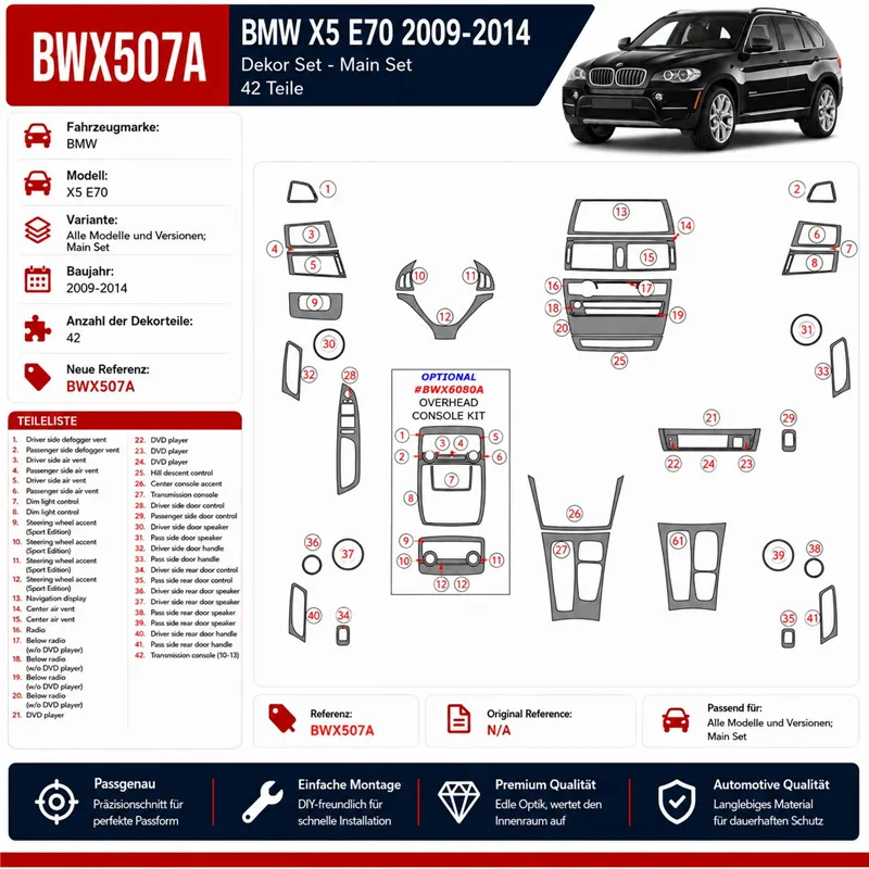 BMW X5 E70 2009-2014 Main Set kit décoration intérieure tableau de bord 42pcs