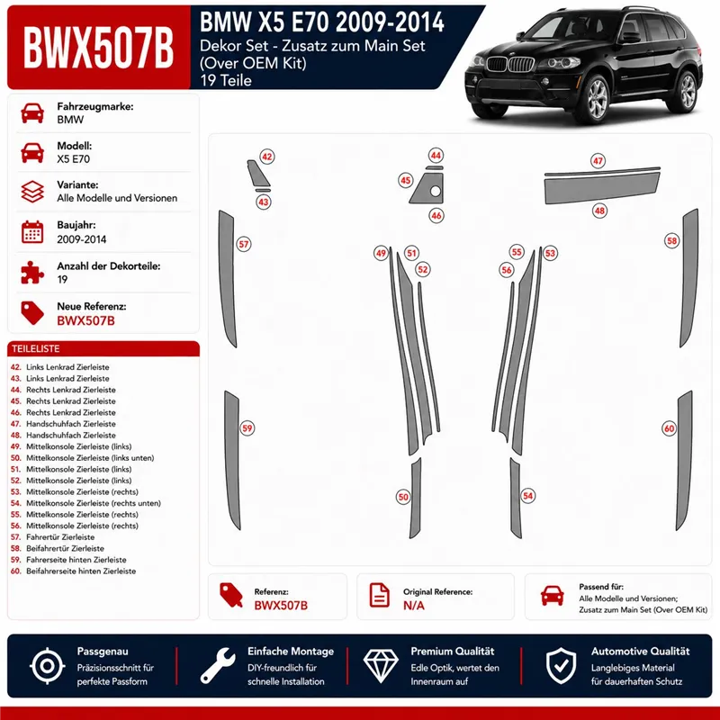 BMW X5 E70 2009-2014 Main Set kit décoration intérieure tableau de bord 19pcs