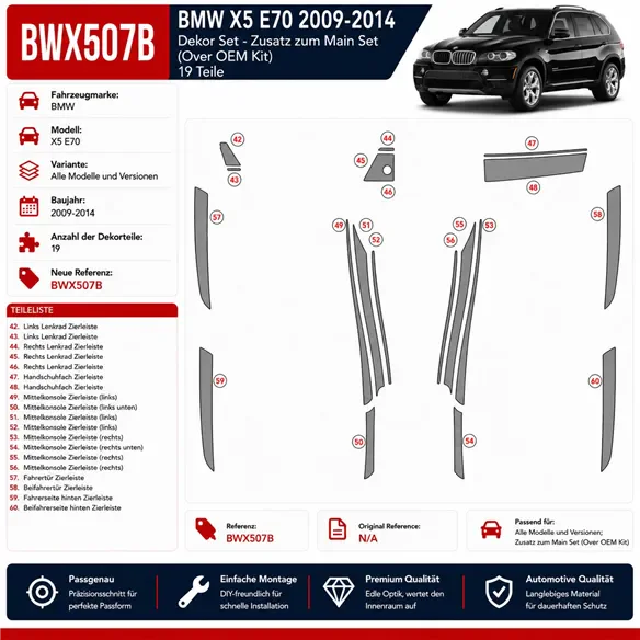 BMW X5 E70 2009-2014 Main Set kit décoration intérieure tableau de bord 19pcs