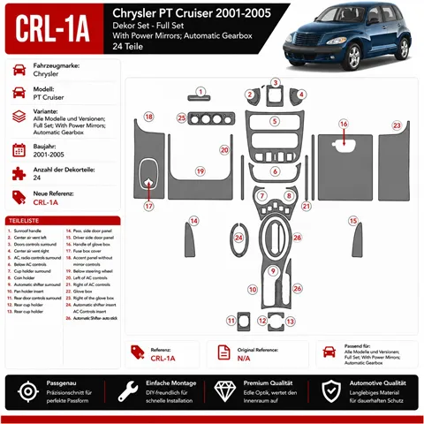 Chrysler PT Cruiser 2001-2005 kit complet, avec Power Mirrors, Auto boîte de vitesses, 24 pièces kit décoration intérieure table