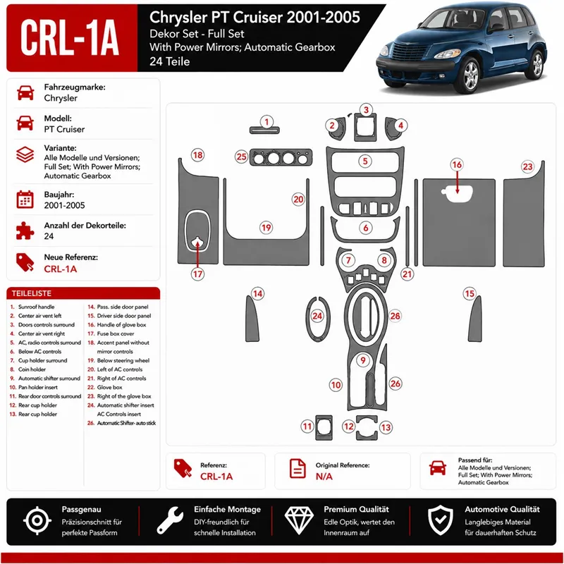 Chrysler PT Cruiser 2001-2005 kit complet, avec Power Mirrors, Auto boîte de vitesses, 24 pièces kit décoration intérieure table