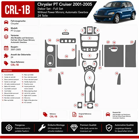 Chrysler PT Cruiser 2001-2005 kit complet, No Power Mirrors, Auto boîte de vitesses, 24 pièces kit décoration intérieure tableau