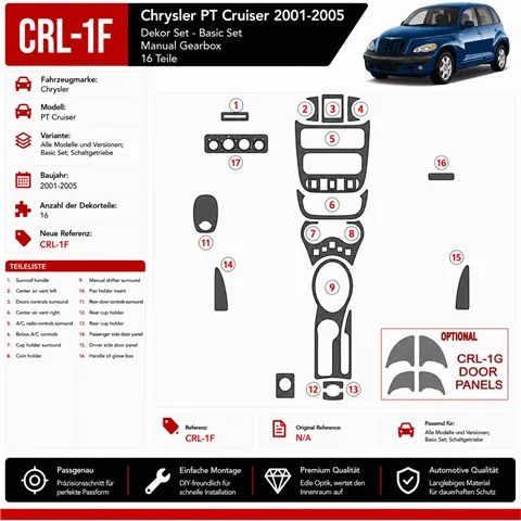 Chrysler PT Cruiser 2001-2005 kit de base, boîte manuelle, 16 pièces kit décoration intérieure tableau de bord