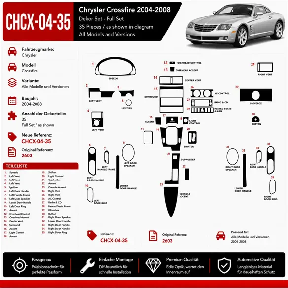 Chrysler Crossfire 2004-2008 3D kit décoration intérieure tableau de bord 35 pièces