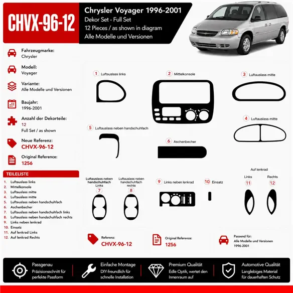 Chrysler Voyager 1996-2001 3D kit décoration intérieure tableau de bord 12 pièces