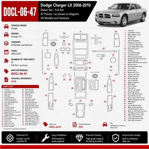 Dodge Charger LX 2006-2010 kit décoration intérieure tableau de bord 47 pièces 2