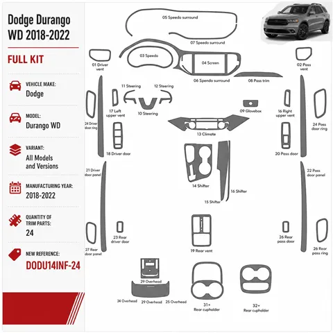 Dodge Durango WD 2018-2022 kit décoration intérieure tableau de bord 24 pièces