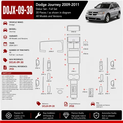 Dodge Journey 2009-2011 kit décoration intérieure tableau de bord 30 pièces