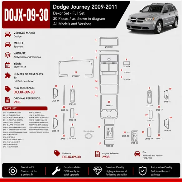 Dodge Journey 2009-2011 kit décoration intérieure tableau de bord 30 pièces