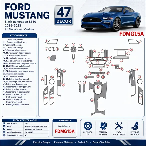 Ford Mustang 2015-2023 kit décoration intérieure tableau de bord 47 pièces
