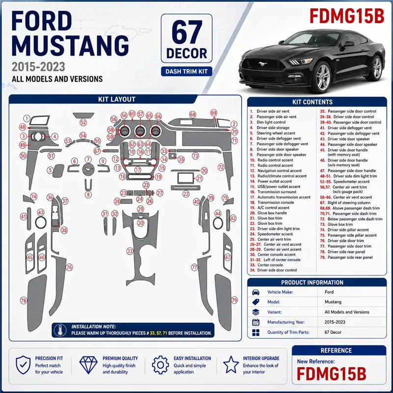 Ford Mustang 2015-2023 kit décoration intérieure tableau de bord 67 pièces
