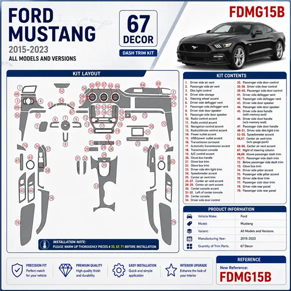 Ford Mustang 2015-2023 kit décoration intérieure tableau de bord 67 pièces