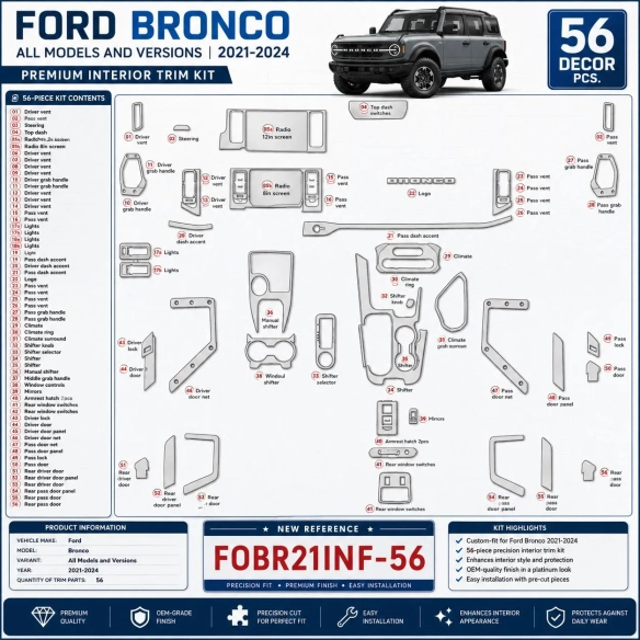 Ford Bronco 2021-2024 3D kit décoration intérieure tableau de bord 56 pièces