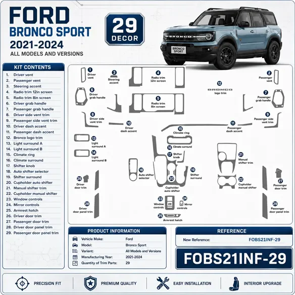 Ford Bronco Sport 2021-2024 3D kit décoration intérieure tableau de bord 29 pièces