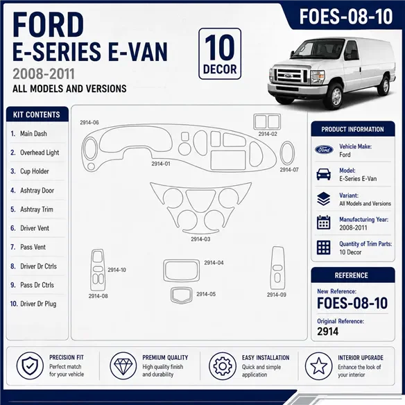 Ford E-Series E-Van 2008-2011 kit décoration intérieure tableau de bord 10 pièces