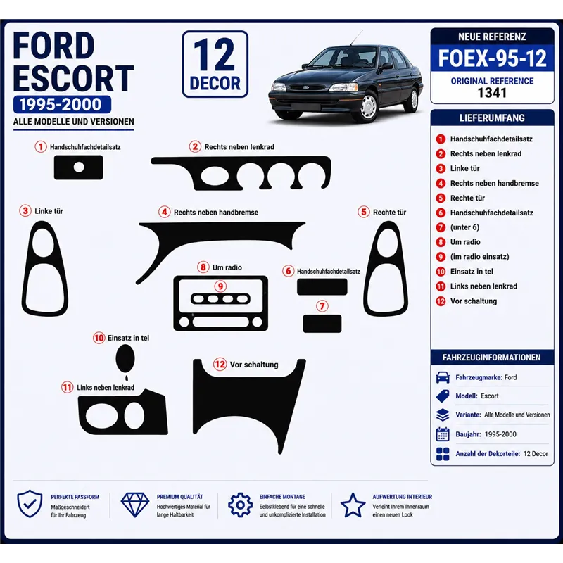 Ford Escort 1995-2000 3D kit décoration intérieure tableau de bord 12 pièces