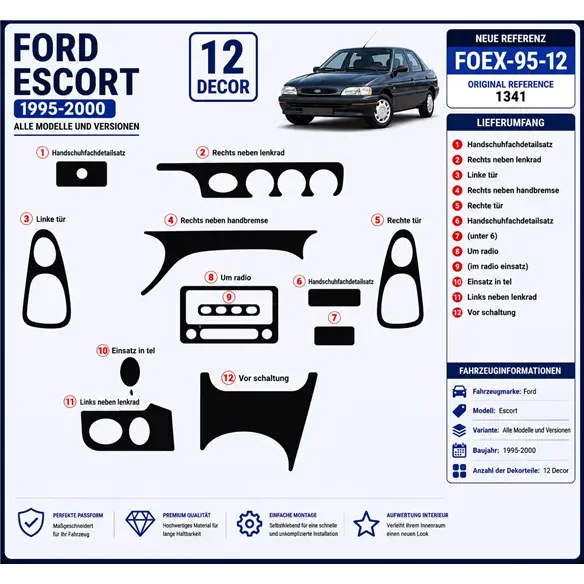 Ford Escort 1995-2000 3D kit décoration intérieure tableau de bord 12 pièces