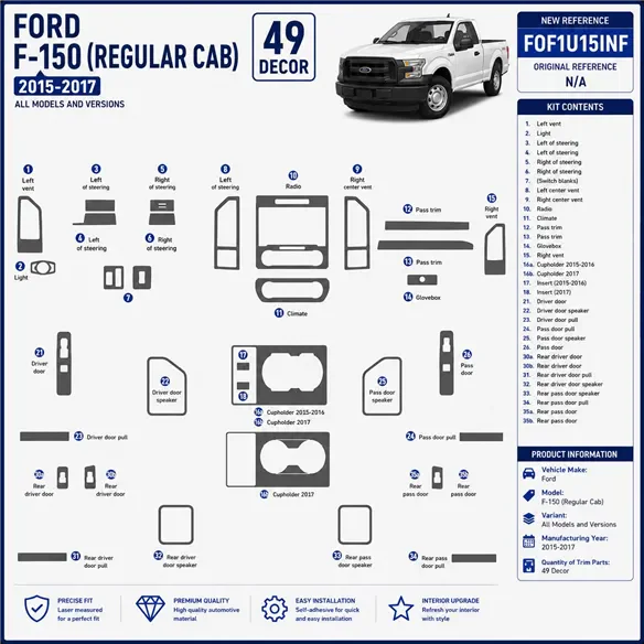 FORD F-150 (REGULAR CAB) | 2015-2017 kit décoration intérieure tableau de bord 49 pièces