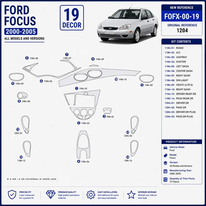 Ford Focus 2000-2005 kit décoration intérieure tableau de bord 19 pièces