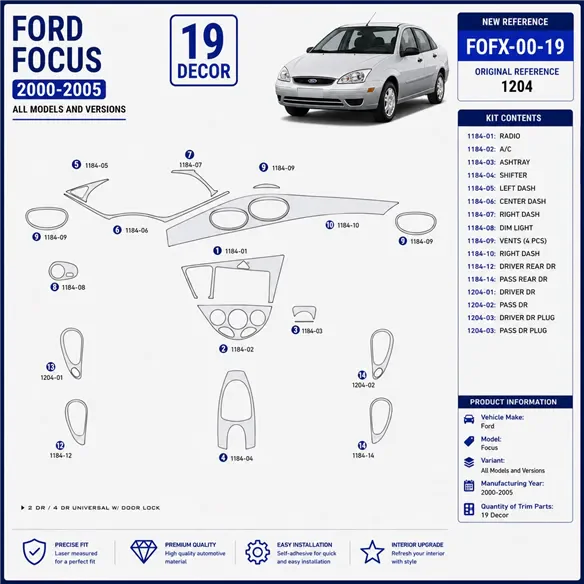 Ford Focus 2000-2005 kit décoration intérieure tableau de bord 19 pièces