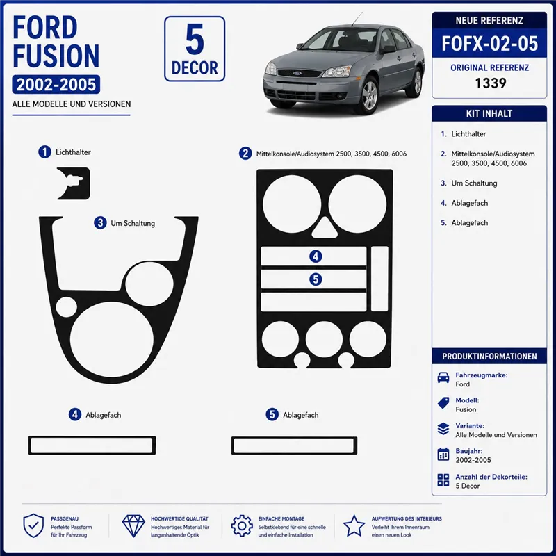 Ford Fusion 2002-2005 3D kit décoration intérieure tableau de bord 5 pièces