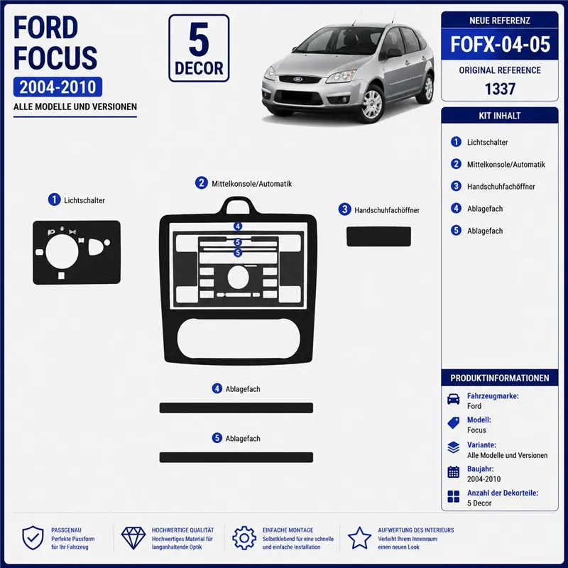 Ford Focus 2004-2010 3D kit décoration intérieure tableau de bord 5 pièces