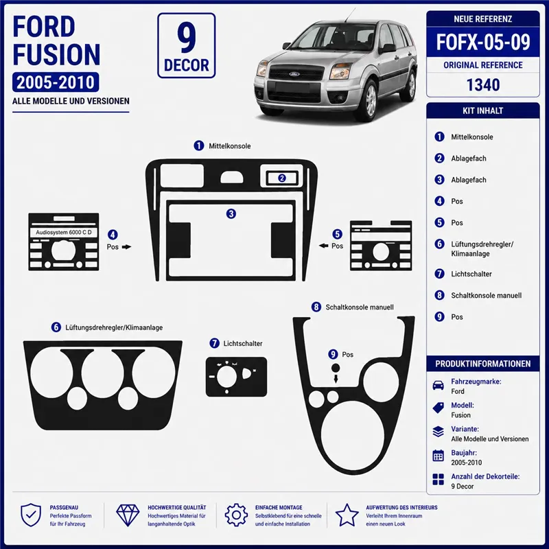 Ford Fusion 2005-2010 3D kit décoration intérieure tableau de bord 9 pièces