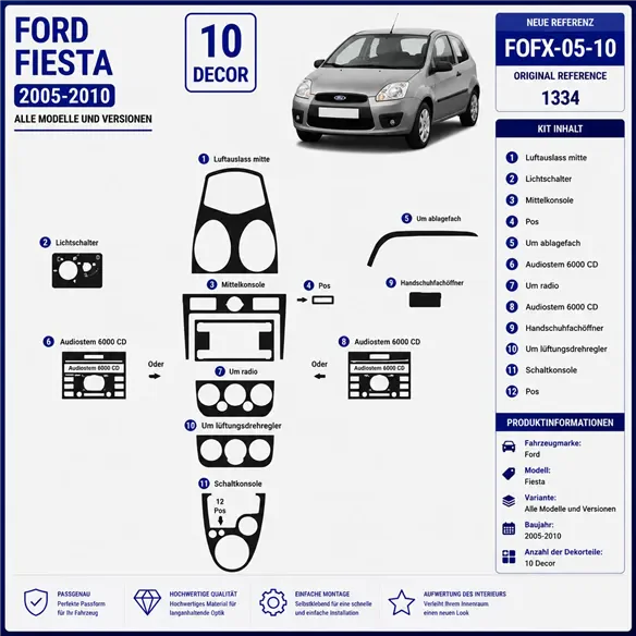 Ford Fiesta 2005-2010 3D kit décoration intérieure tableau de bord 10 pièces