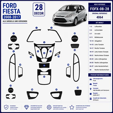 Ford Fiesta 2008-2017 kit décoration intérieure tableau de bord 28 pièces