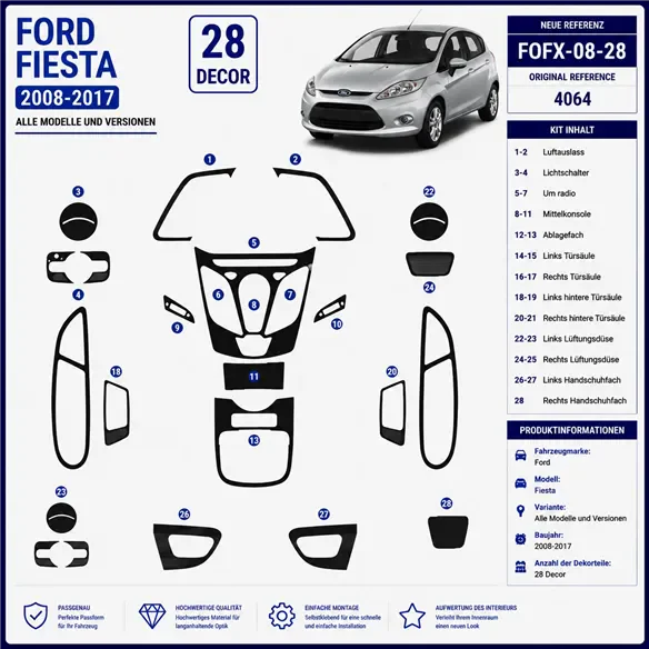 Ford Fiesta 2008-2017 kit décoration intérieure tableau de bord 28 pièces