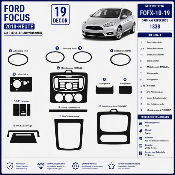 Ford Focus 2010 - à aujourd’hui 3D kit décoration intérieure tableau de bord 19 pièces
