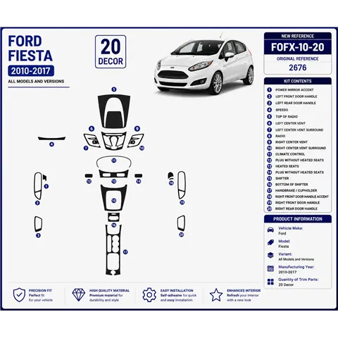 Ford Fiesta 2010-2017 3D kit décoration intérieure tableau de bord 20 pièces