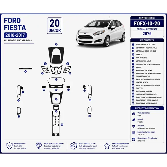 Ford Fiesta 2010-2017 3D kit décoration intérieure tableau de bord 20 pièces