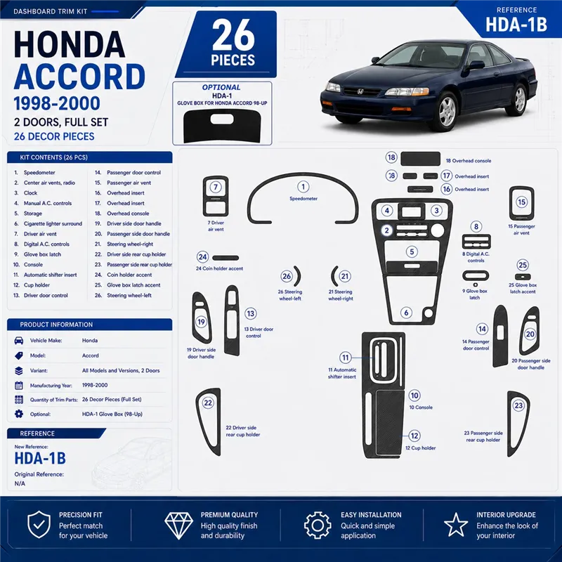 Honda Accord 1998-2000 2 portes kit complet, 26 pièces, kit décoration intérieure tableau de bord