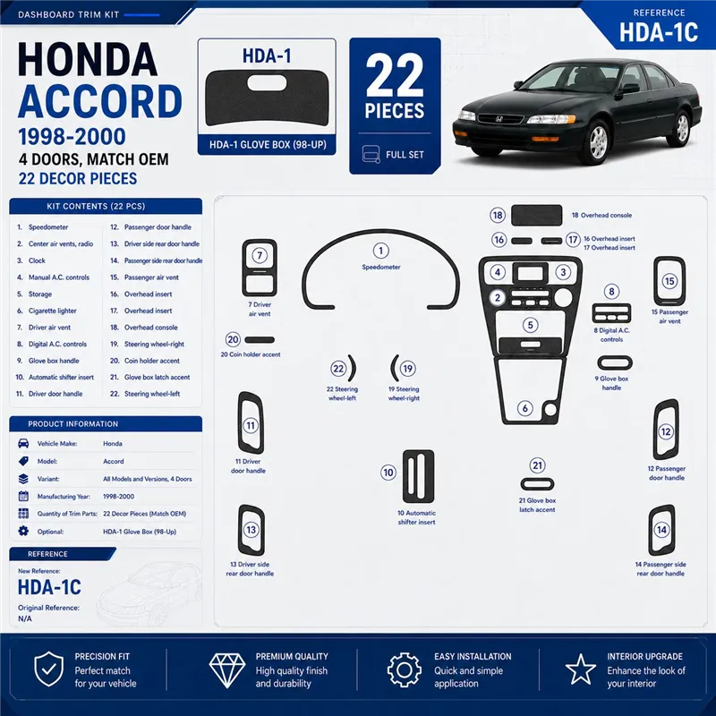 Honda Accord 1998-2000 4 portes, conformité OEM, 22 pièces kit décoration intérieure tableau de bord