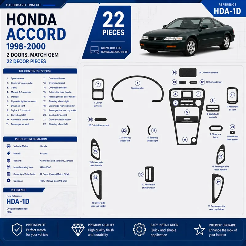 Honda Accord 1998-2000 2 portes, Mtach OEM, 22 pièces kit décoration intérieure tableau de bord