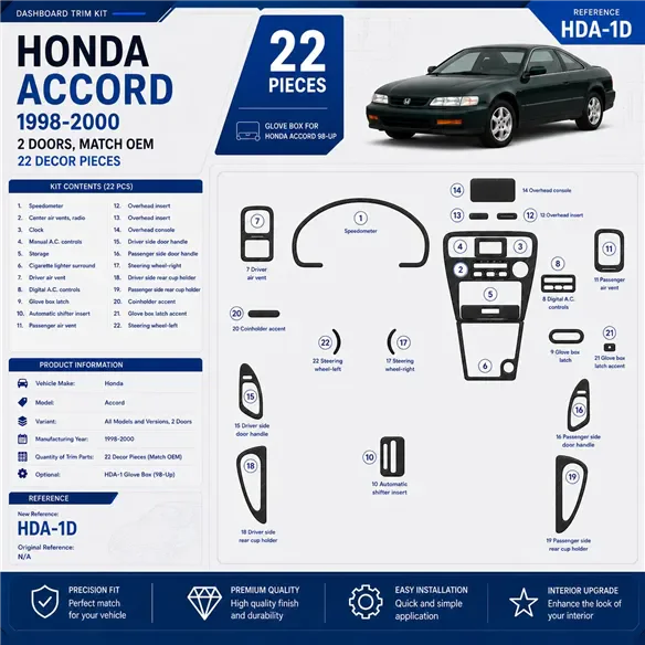 Honda Accord 1998-2000 2 portes, Mtach OEM, 22 pièces kit décoration intérieure tableau de bord