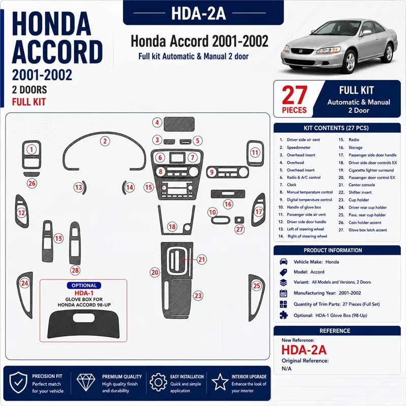 Honda Accord 2001-2002 2 portes, kit complet, 27 pièces kit décoration intérieure tableau de bord