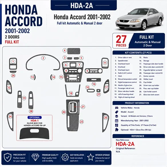 Honda Accord 2001-2002 2 portes, kit complet, 27 pièces kit décoration intérieure tableau de bord