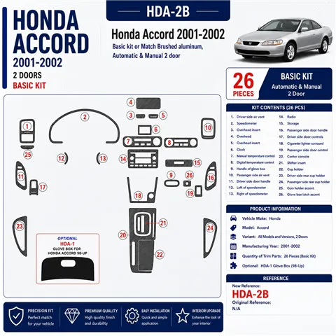 Honda Accord 2001-2002 2 portes, kit de base, 26 pièces kit décoration intérieure tableau de bord