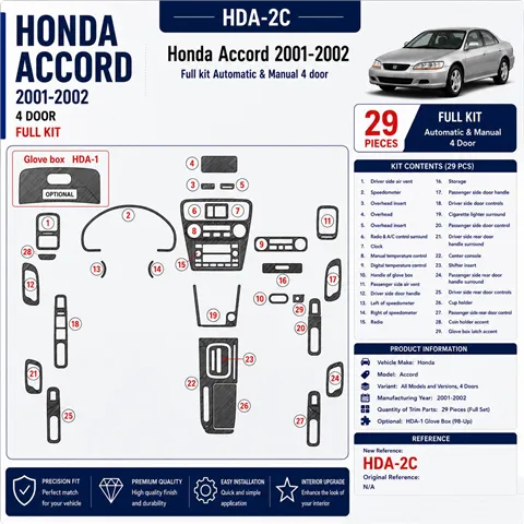 Honda Accord 2001-2002 4 portes, kit complet, 29 pièces kit décoration intérieure tableau de bord