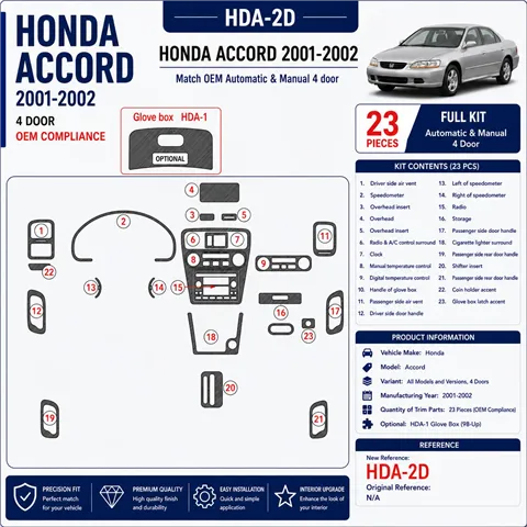Honda Accord 2001-2002 4 portes, conformité OEM, 23 pièces kit décoration intérieure tableau de bord