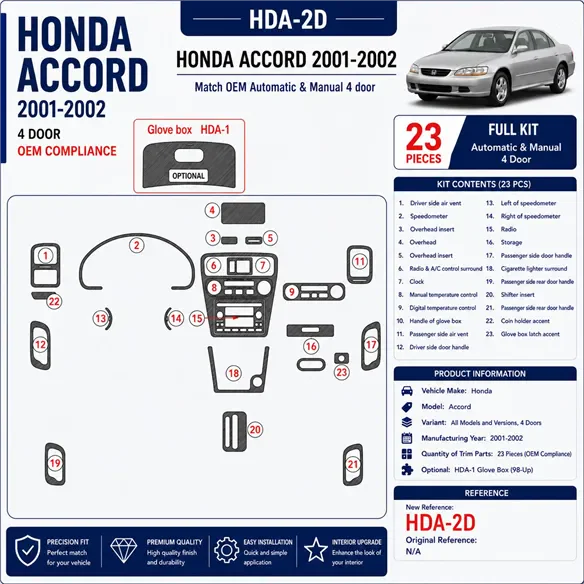 Honda Accord 2001-2002 4 portes, conformité OEM, 23 pièces kit décoration intérieure tableau de bord