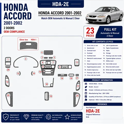Honda Accord 2001-2002 2 portes, conformité OEM, 23 pièces kit décoration intérieure tableau de bord