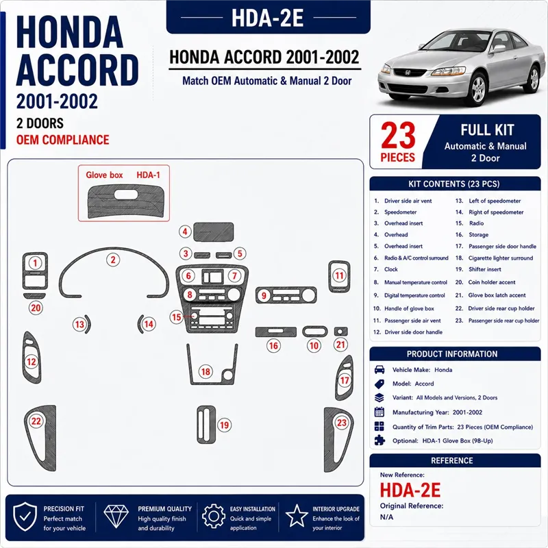 Honda Accord 2001-2002 2 portes, conformité OEM, 23 pièces kit décoration intérieure tableau de bord