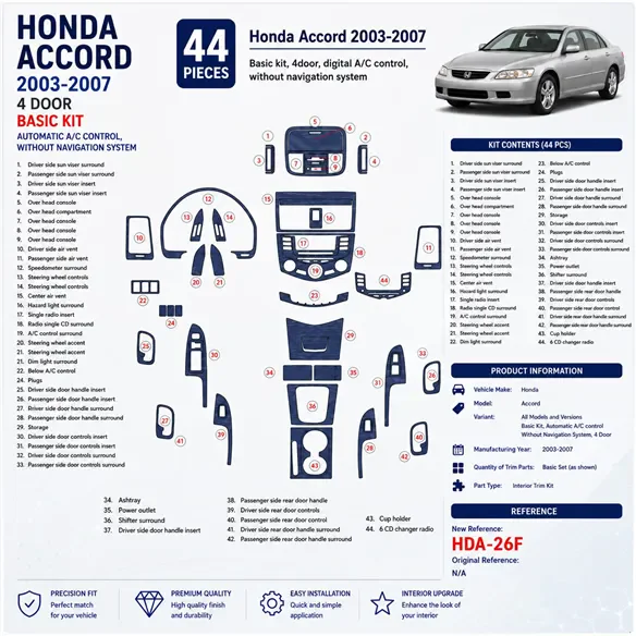 Honda Accord 2003-2007 kit de base, automatique A/C control, No Navi, 4 portes kit décoration intérieure tableau de bord