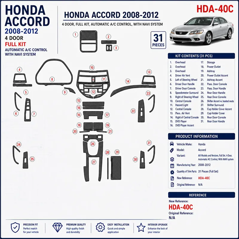 Honda Accord 2008-2012 kit complet, 4 portes, automatique AC Control, avec navigation system kit décoration intérieure tableau d